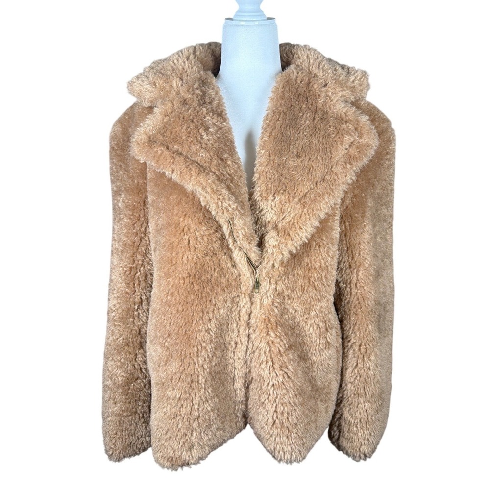 One/Third Womens XL Camel Tan Faux Fur Teddy Moto Jacket Zip Front Coat